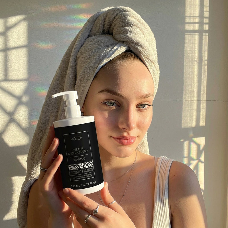 Woman holding a black and white shampoo bottle with a towel on her head, sunlit room.