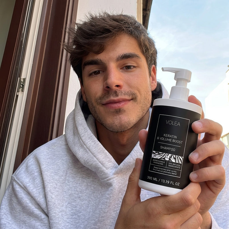 Man holding a Volea shampoo bottle outdoors