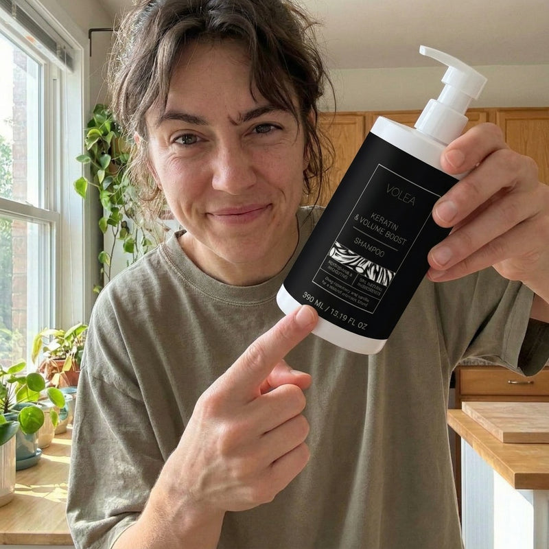 Person holding a bottle of Volea shampoo in a kitchen setting