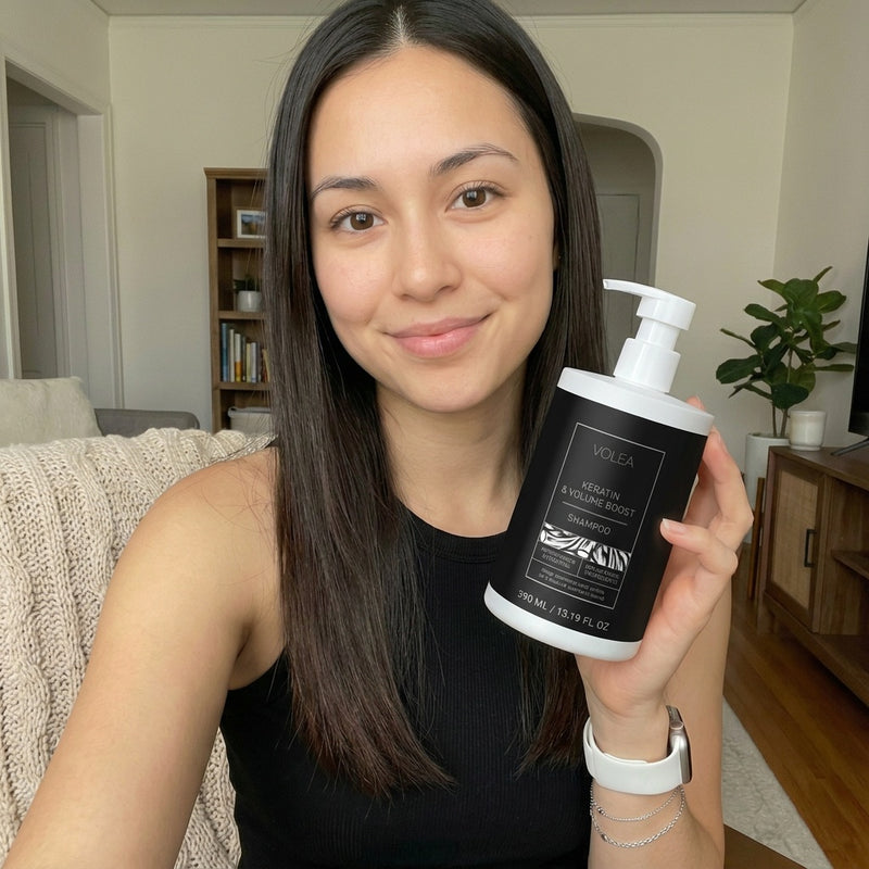 Woman holding a black and white bottle with a pump, smiling in a home setting.